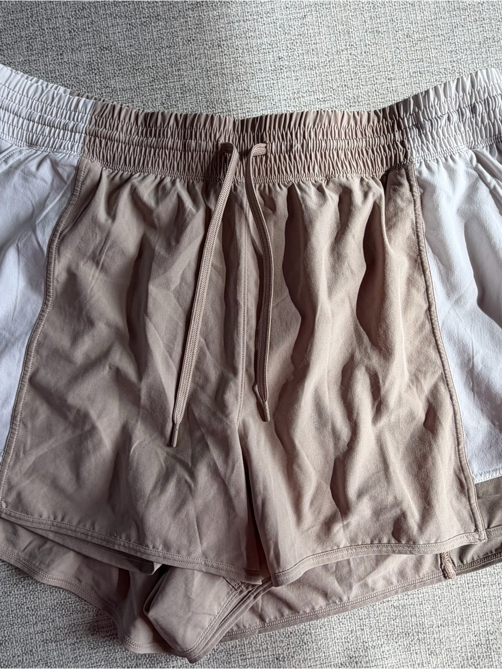 Women’s Athletic Drawstring Shorts in Beige with White Panels